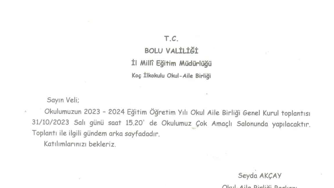 Okul Aile Birliği Toplantı Duyurusu